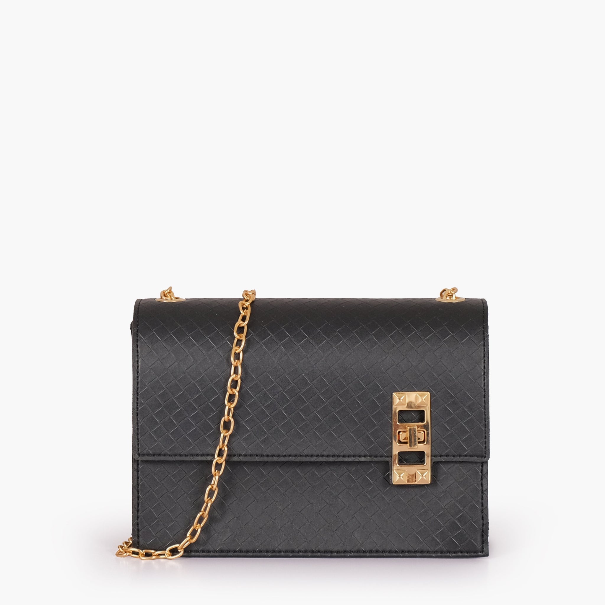 Black weaved chain shoulder bag with twist lock
