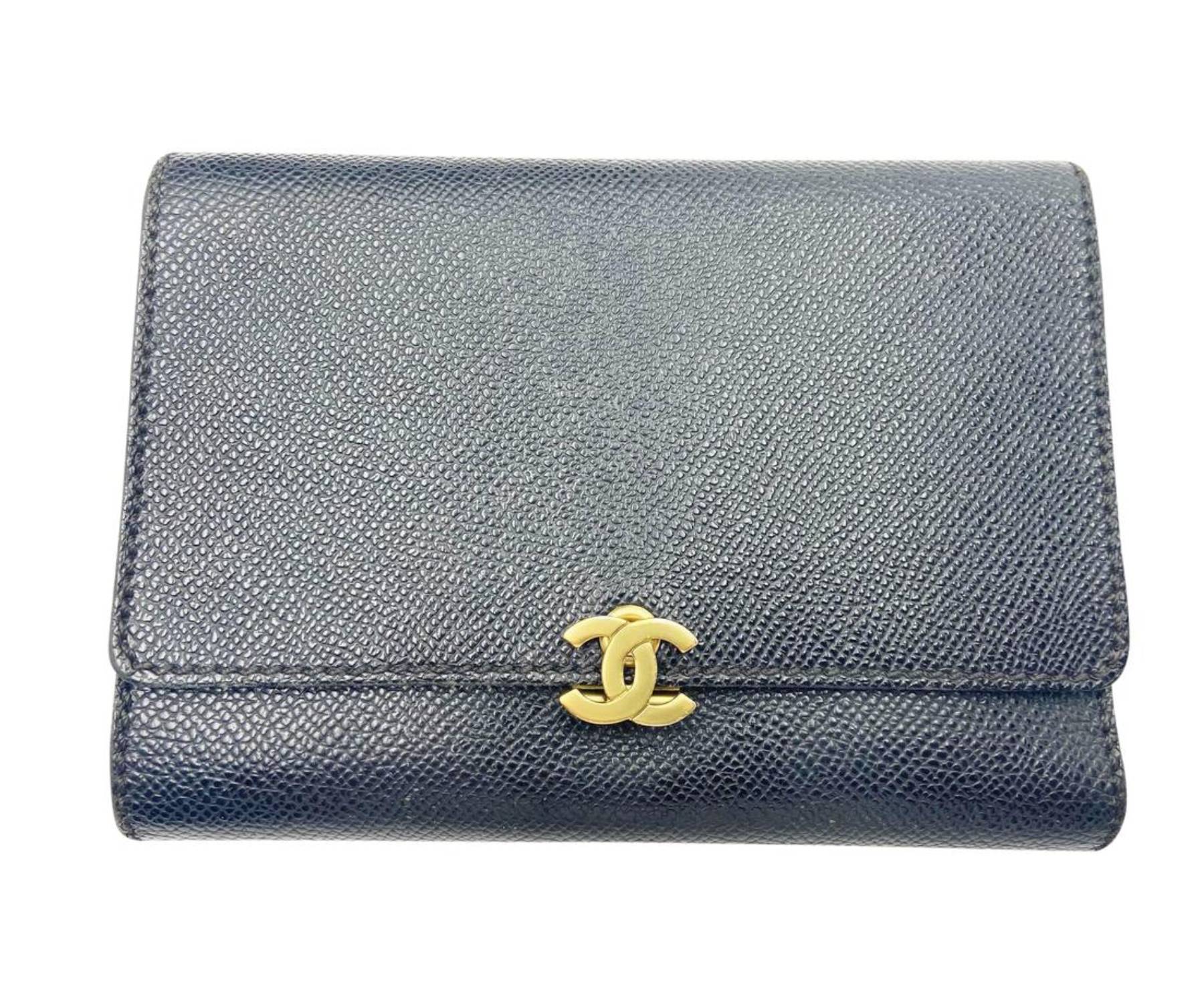 Top Quality Chanel Gold CC Black Caviar Tri-Fold Wallet