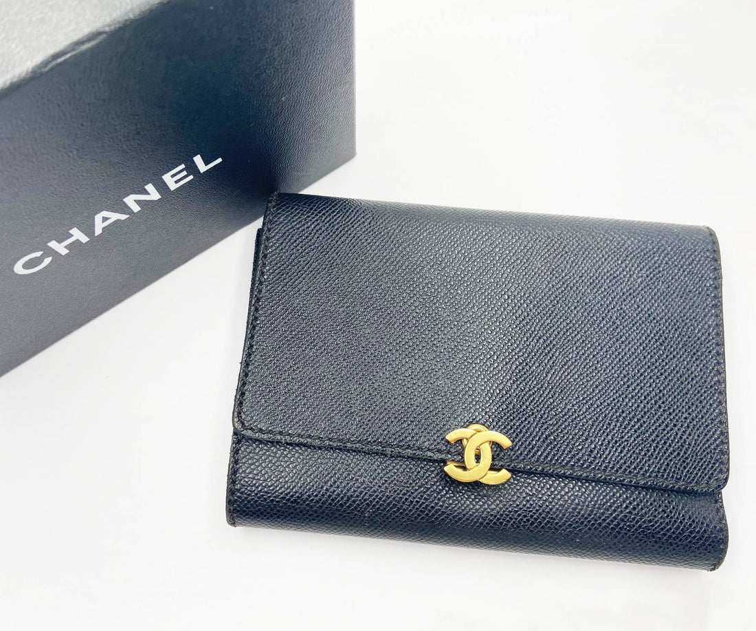 Top Quality Chanel Gold CC Black Caviar Tri-Fold Wallet