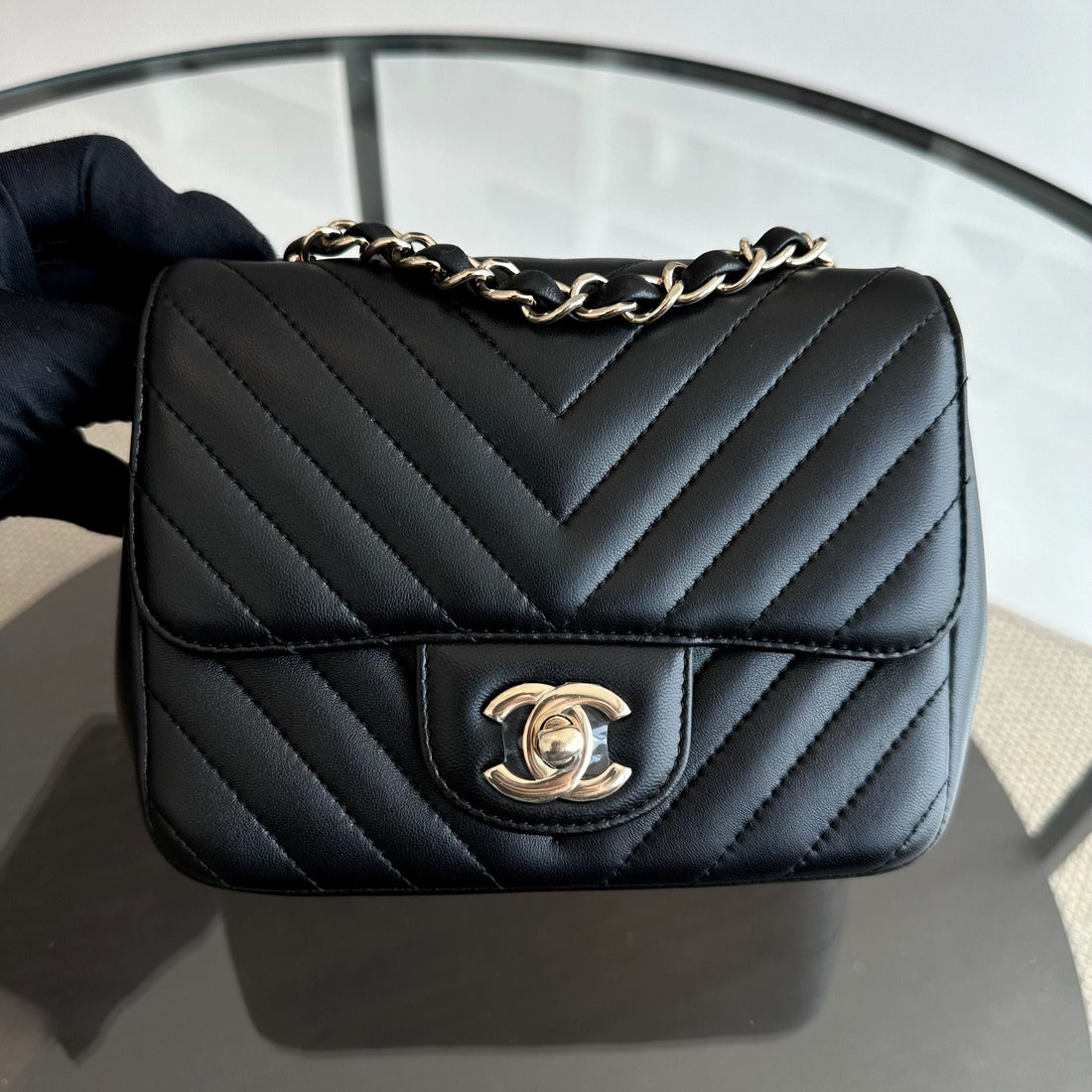 *Brand New* Mini Square Chevron Lambskin Black GHW No 24