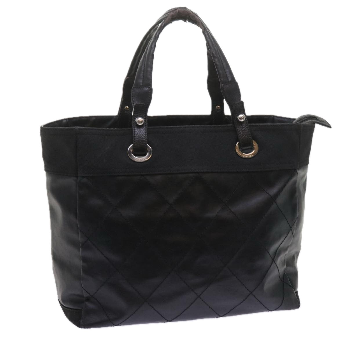 Top Quality Chanel Paris Biarritz MM Tote Bag Coated Canvas Black CC Auth bs10905