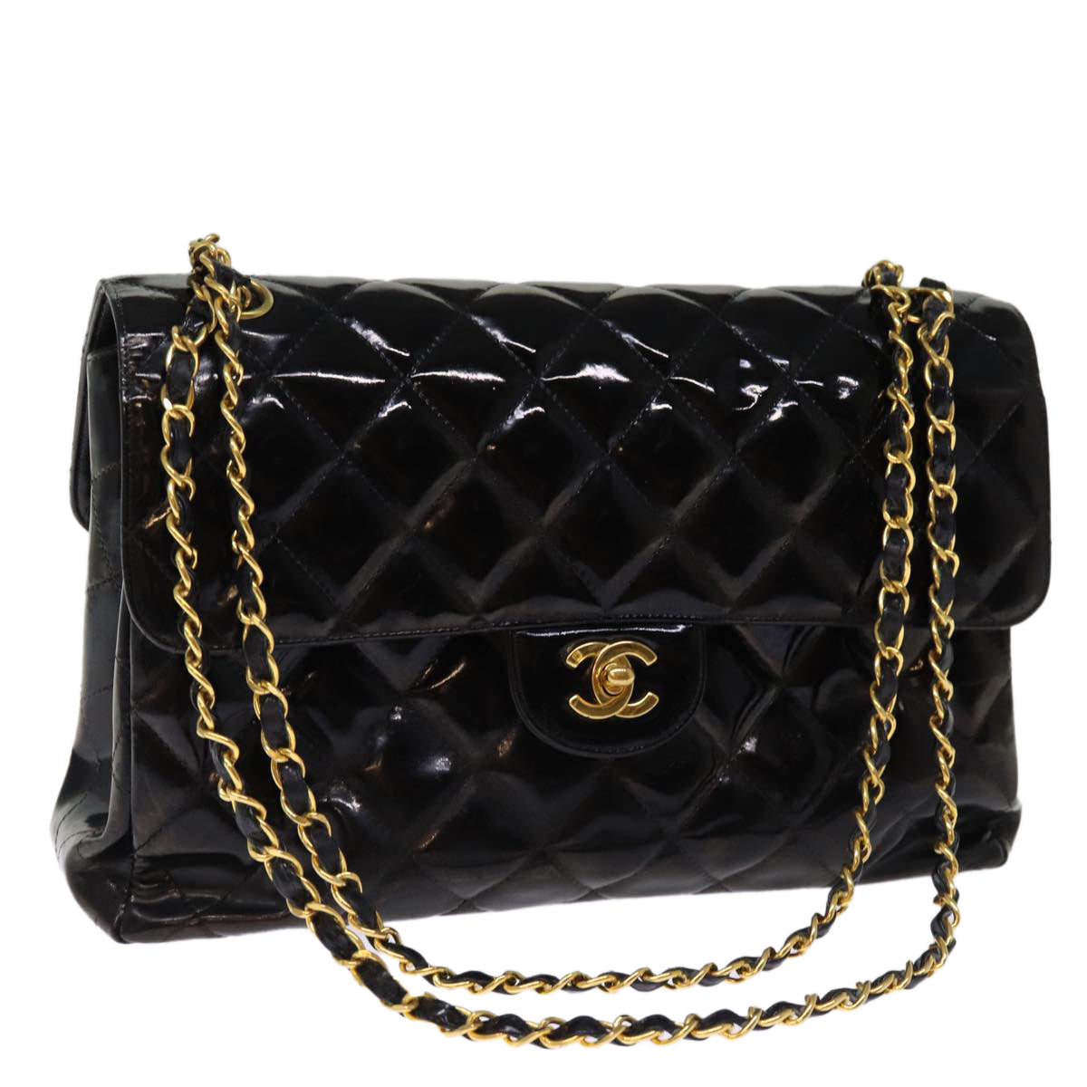 Top Quality Chanel Matelasse Double Face Chain Shoulder Bag Enamel Black CC Auth bs14656A