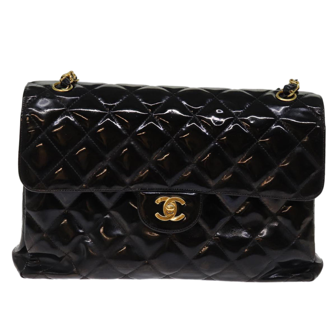 Top Quality Chanel Matelasse Double Face Chain Shoulder Bag Enamel Black CC Auth bs14656A