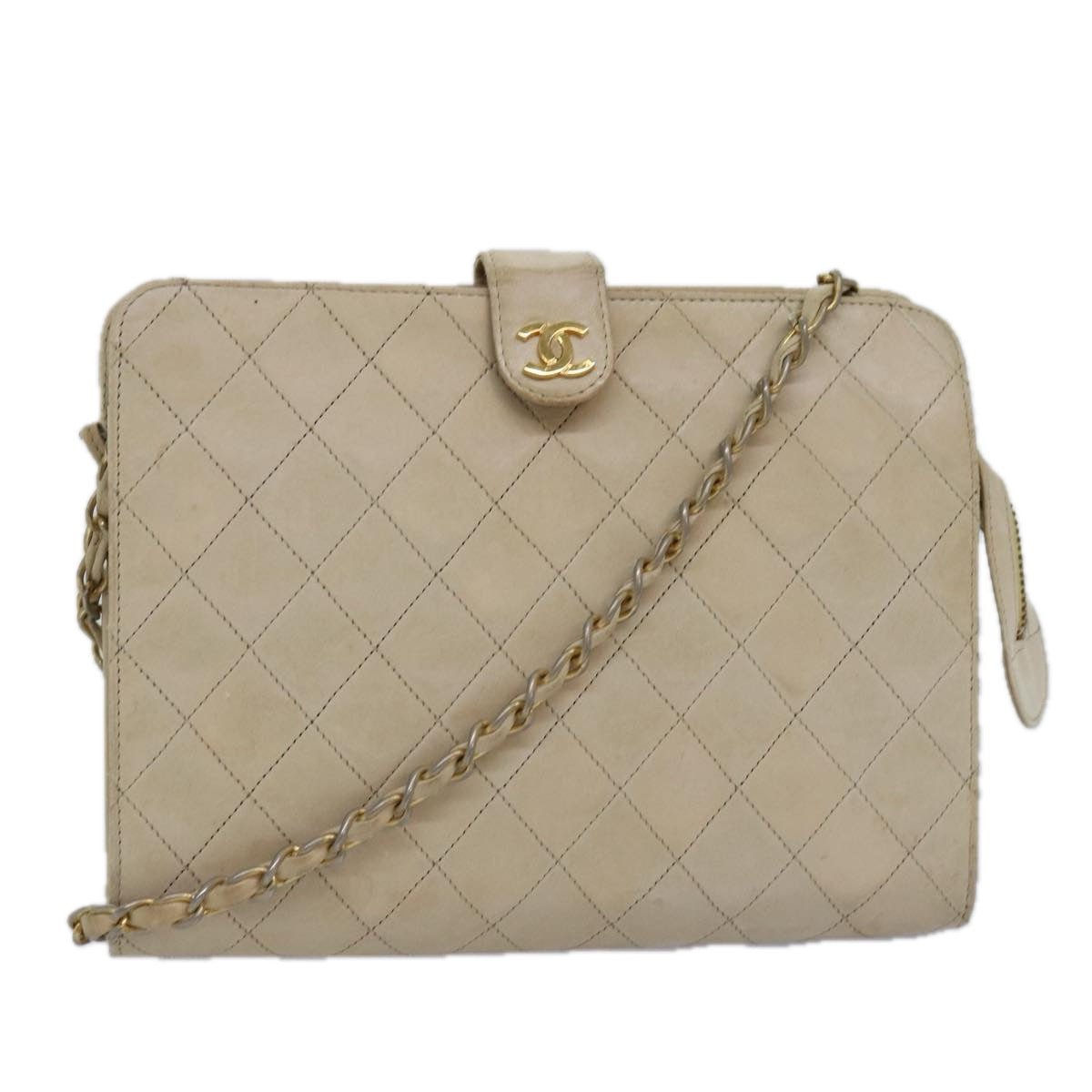 Top Quality Chanel Matelasse Chain Shoulder Bag Lamb Skin Beige CC Auth bs14983