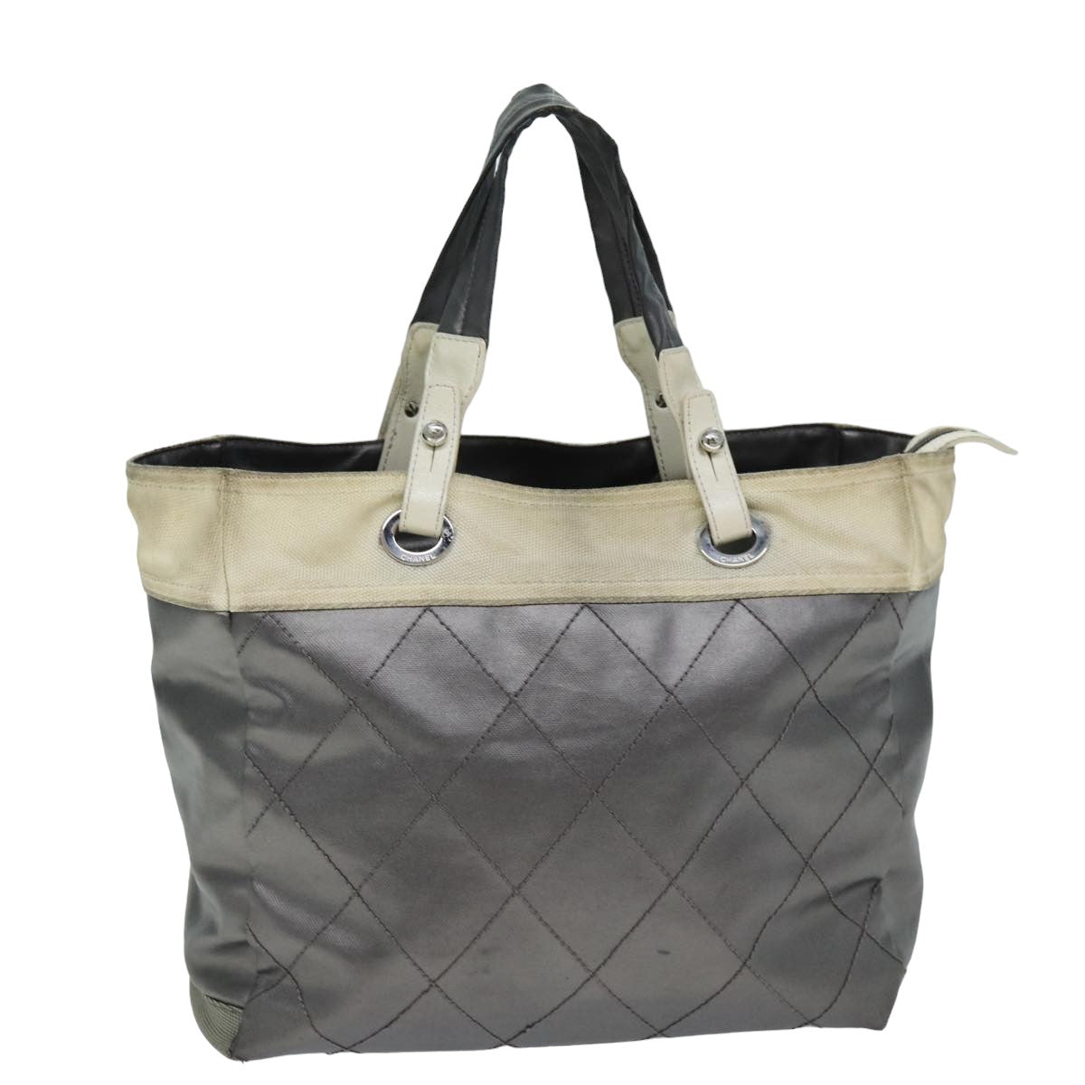 Top Quality Chanel Paris Biarritz Tote MM Tote Bag Coated Canvas Silver CC Auth bs15122