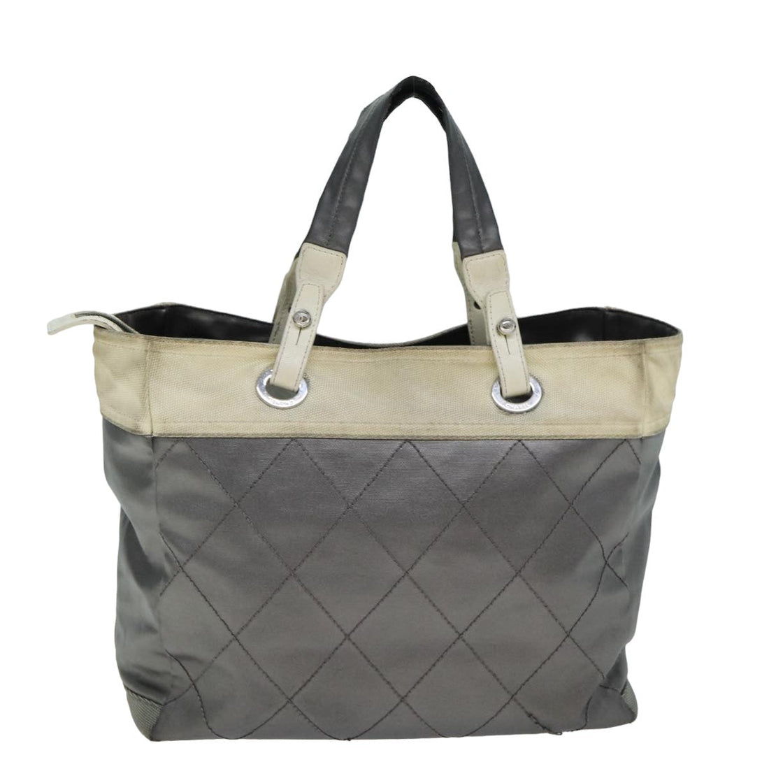 Top Quality Chanel Paris Biarritz Tote MM Tote Bag Coated Canvas Silver CC Auth bs15122