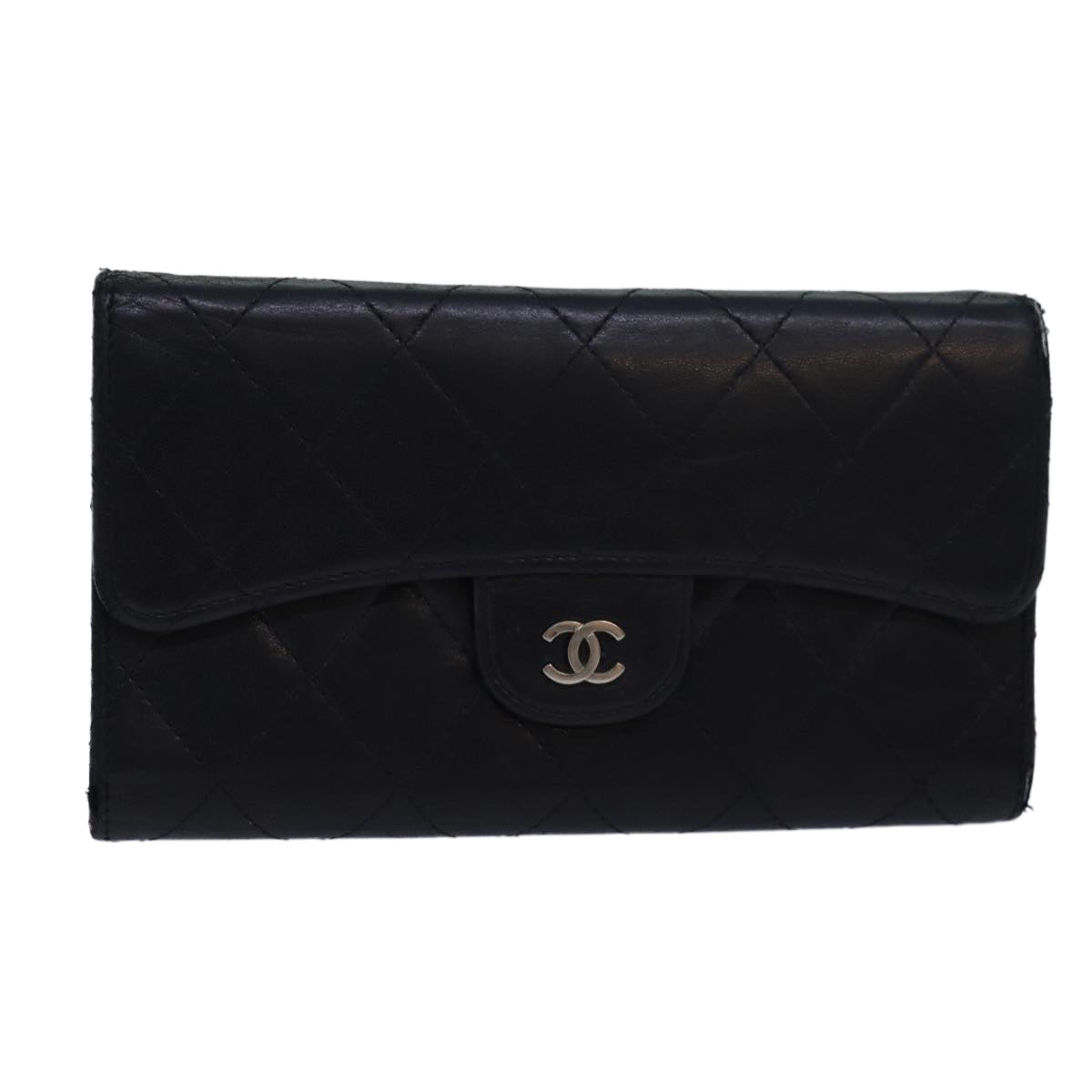 Top Quality Chanel Matelasse Long Wallet Lamb Skin Black CC Auth bs16070