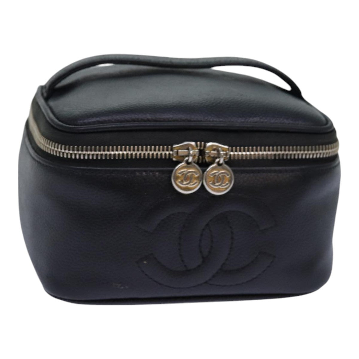 Top Quality Chanel COCO Mark Vanity Cosmetic Pouch Caviar Skin Black CC Auth bs16727