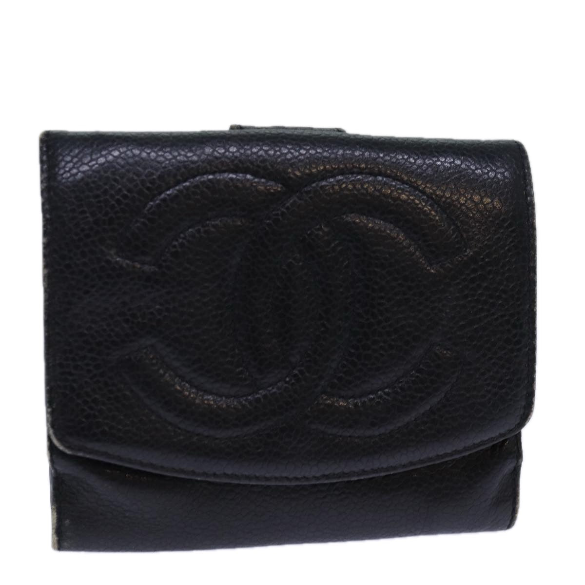 Top Quality Chanel COCO Mark Wallet Caviar Skin Black Gold CC Auth bs16752