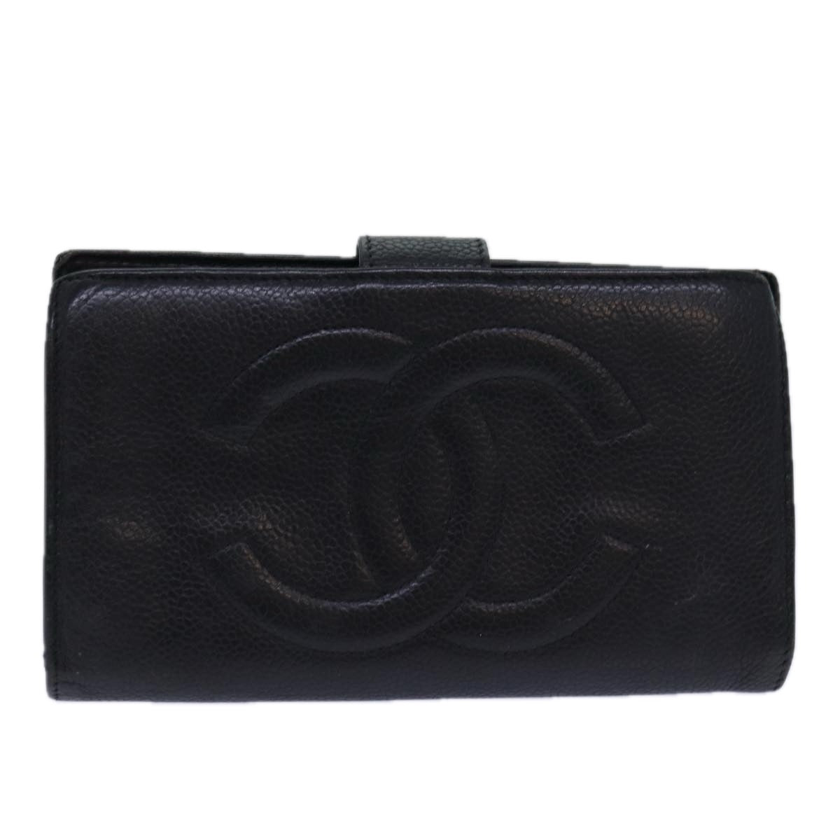 Top Quality Chanel COCO Mark Wallet Caviar Skin Black Gold CC Auth bs16762