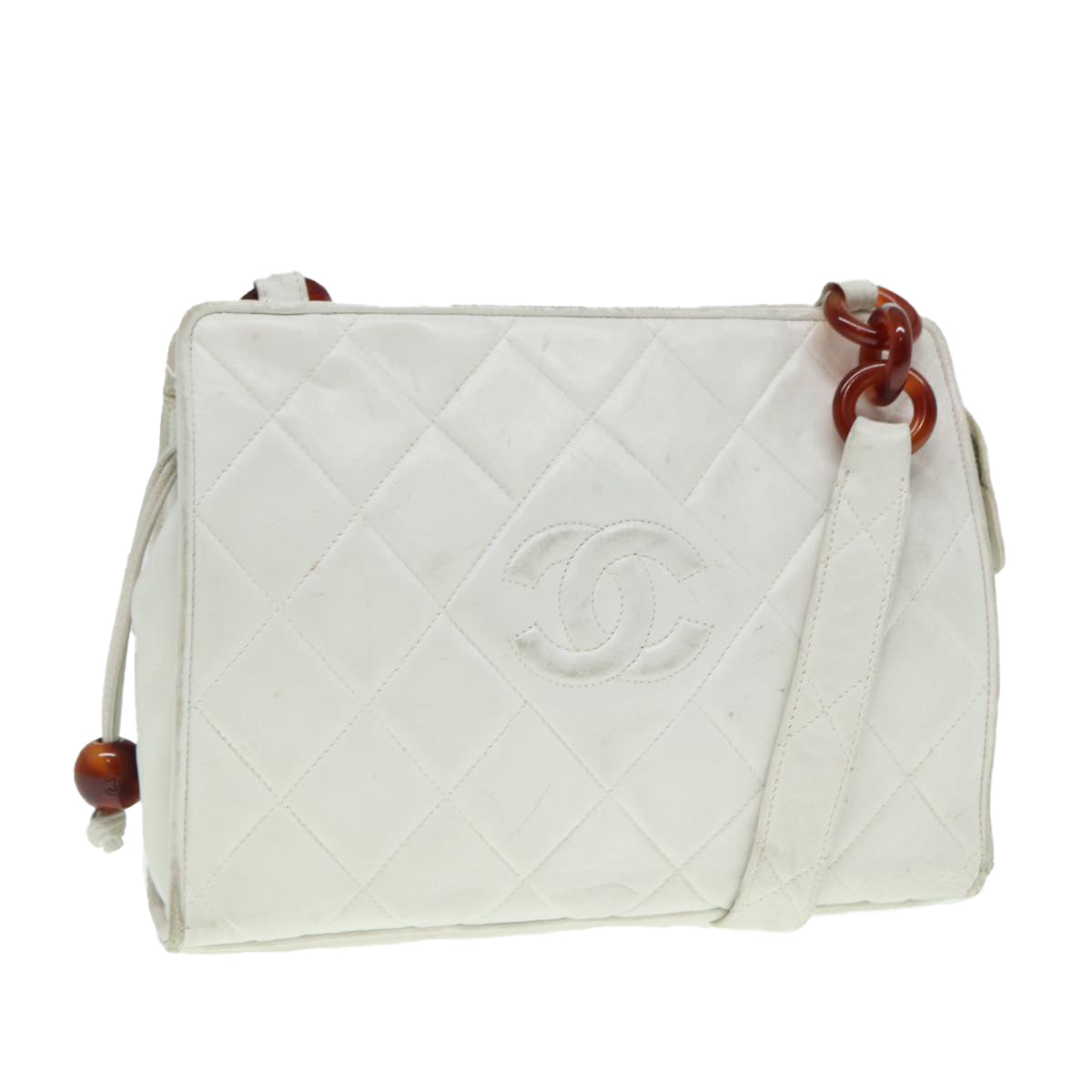 Top Quality Chanel Matelasse Shoulder Bag Lamb Skin White Gold CC Auth bs17156