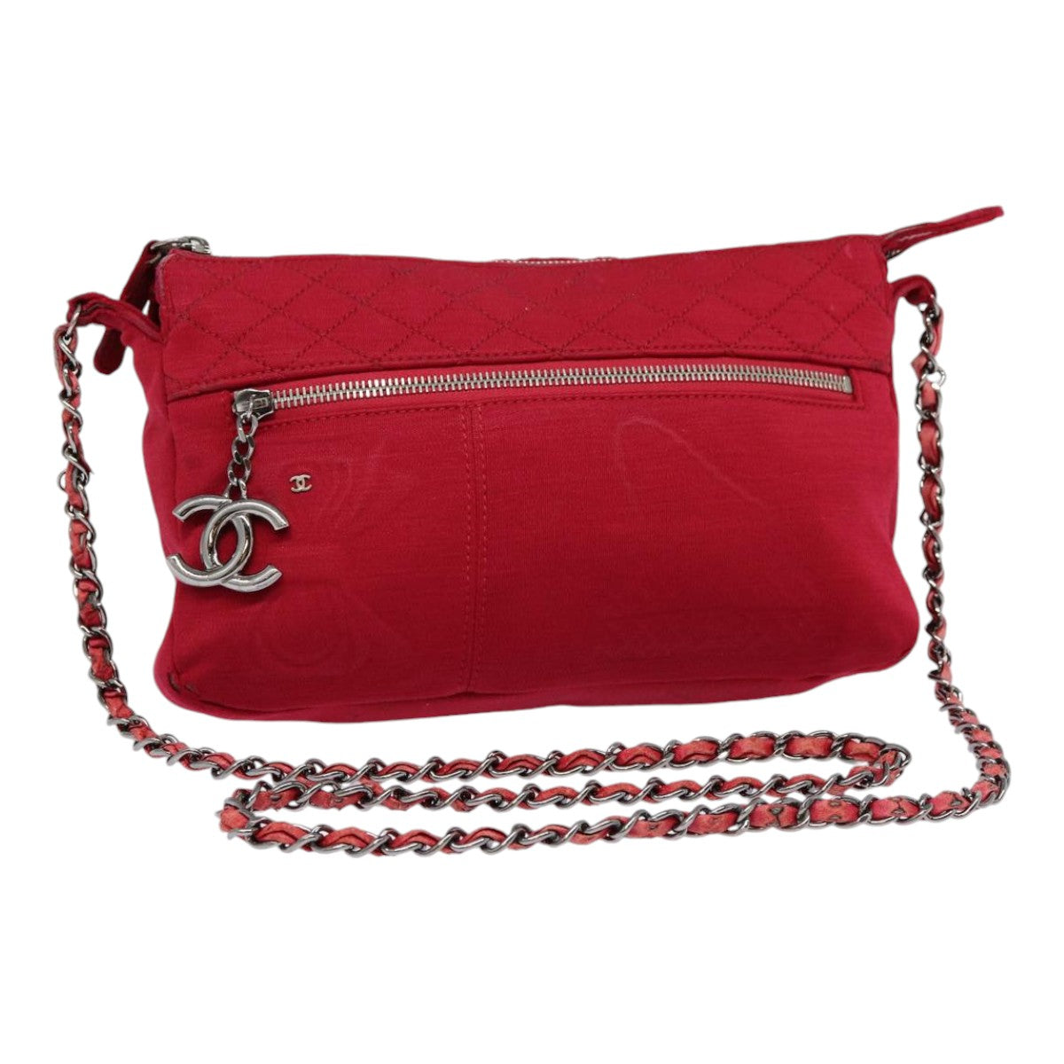 Top Quality Chanel Matelasse Chain Shoulder Bag Cotton Red Silver CC Auth bs17224