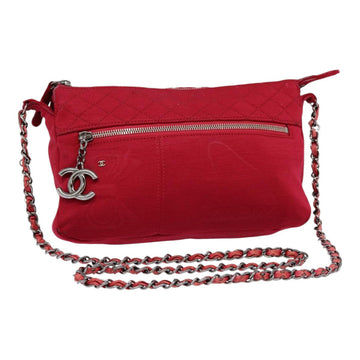Top Quality Chanel Matelasse Chain Shoulder Bag Cotton Red Silver CC Auth bs17224