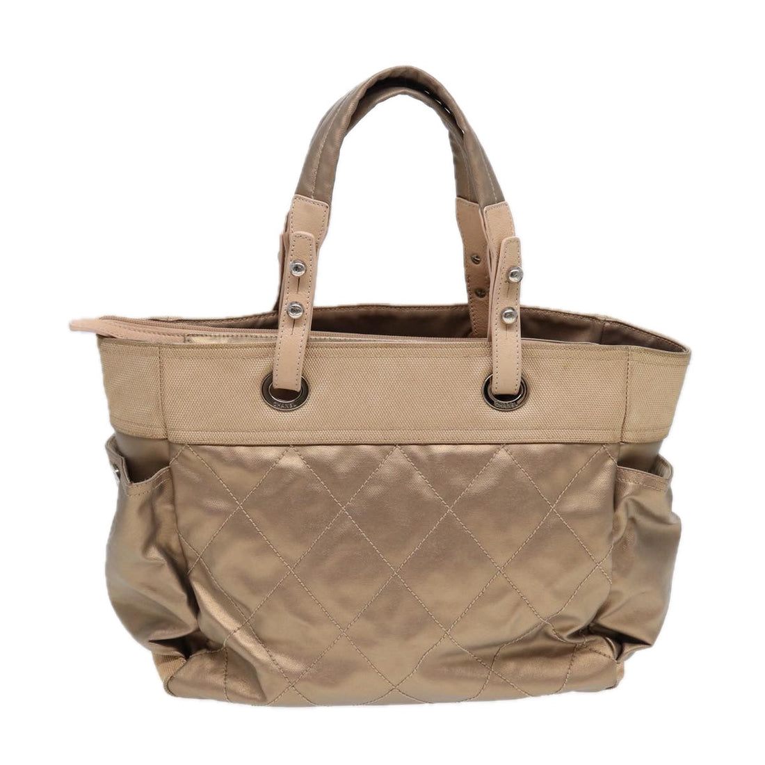 Top Quality Chanel Paris Biarritz GM Tote Bag Coated Canvas Gold Tone Silver CC Auth bs17228