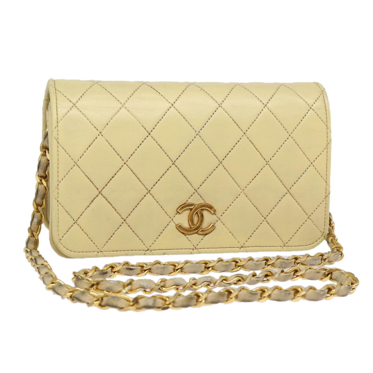 Top Quality Chanel Matelasse Chain Shoulder Bag Lamb Skin Beige Gold CC Auth bs17432
