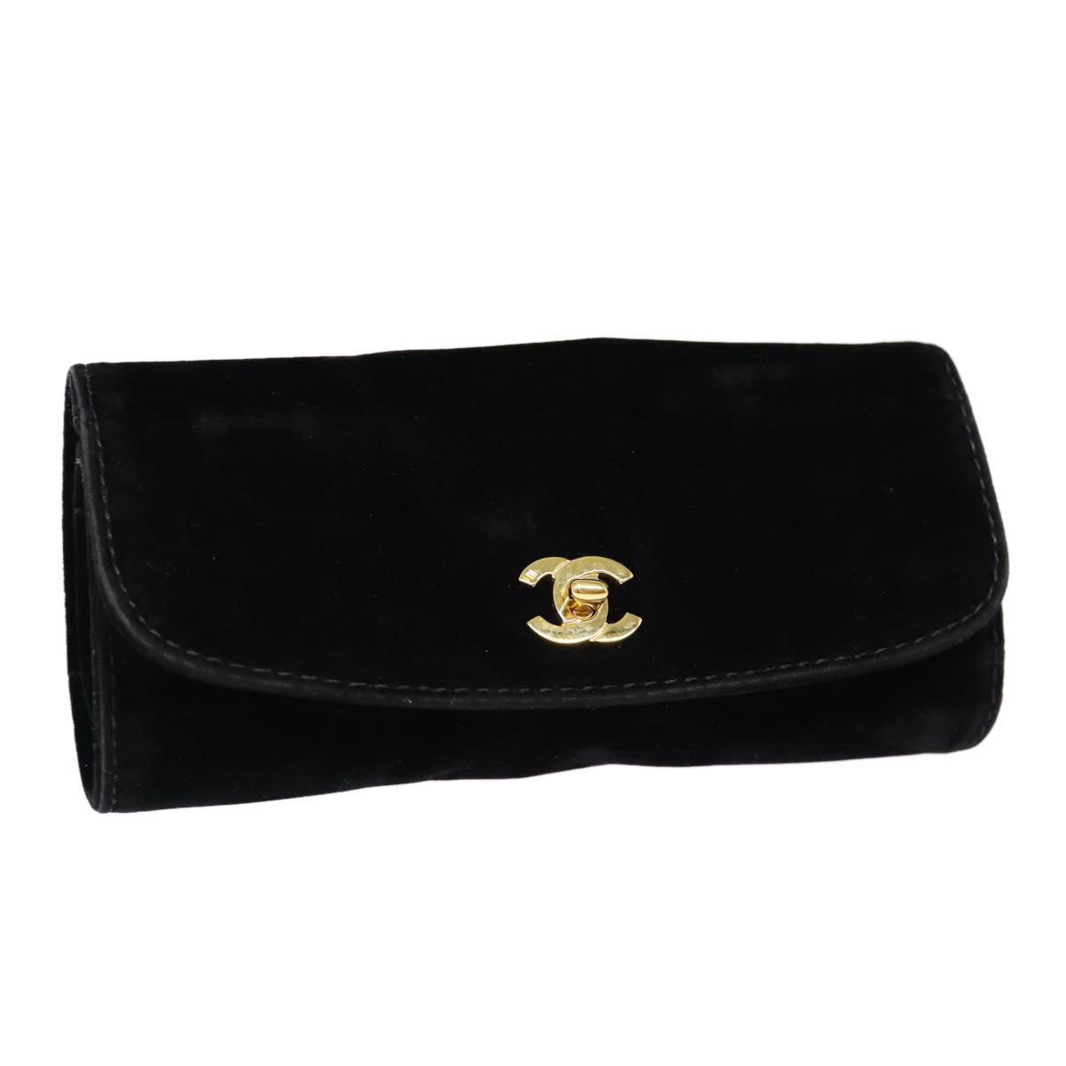 Top Quality Chanel Cosmetic Case Cosmetic Pouch Velor Black Gold CC Auth bs17507