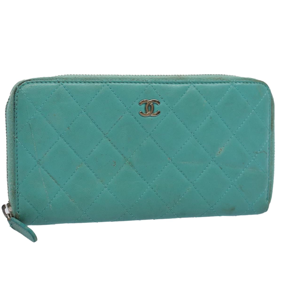 Top Quality Chanel Matelasse Wallet Lamb Skin Turquoise Blue CC Auth bs9740