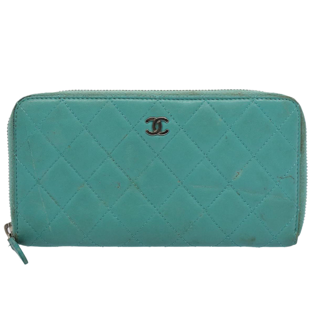 Top Quality Chanel Matelasse Wallet Lamb Skin Turquoise Blue CC Auth bs9740