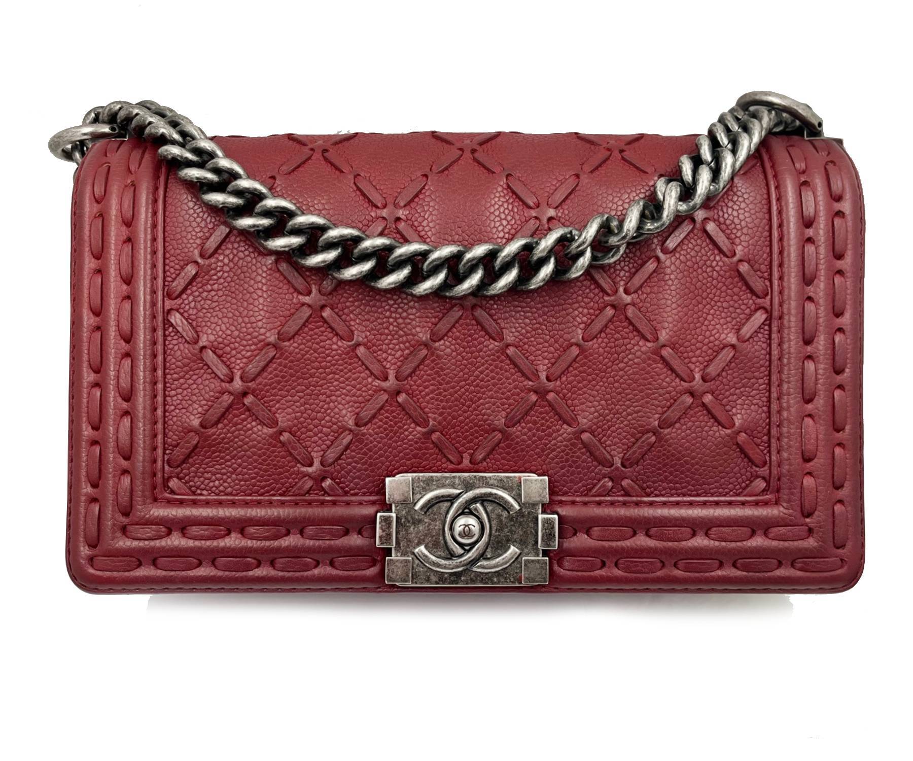 Top Quality Chanel Dark Burgundy Dallas Stitch Medium Boy Bag