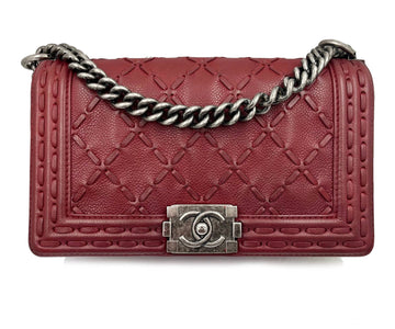 Top Quality Chanel Dark Burgundy Dallas Stitch Medium Boy Bag