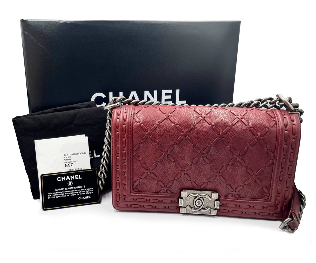 Top Quality Chanel Dark Burgundy Dallas Stitch Medium Boy Bag