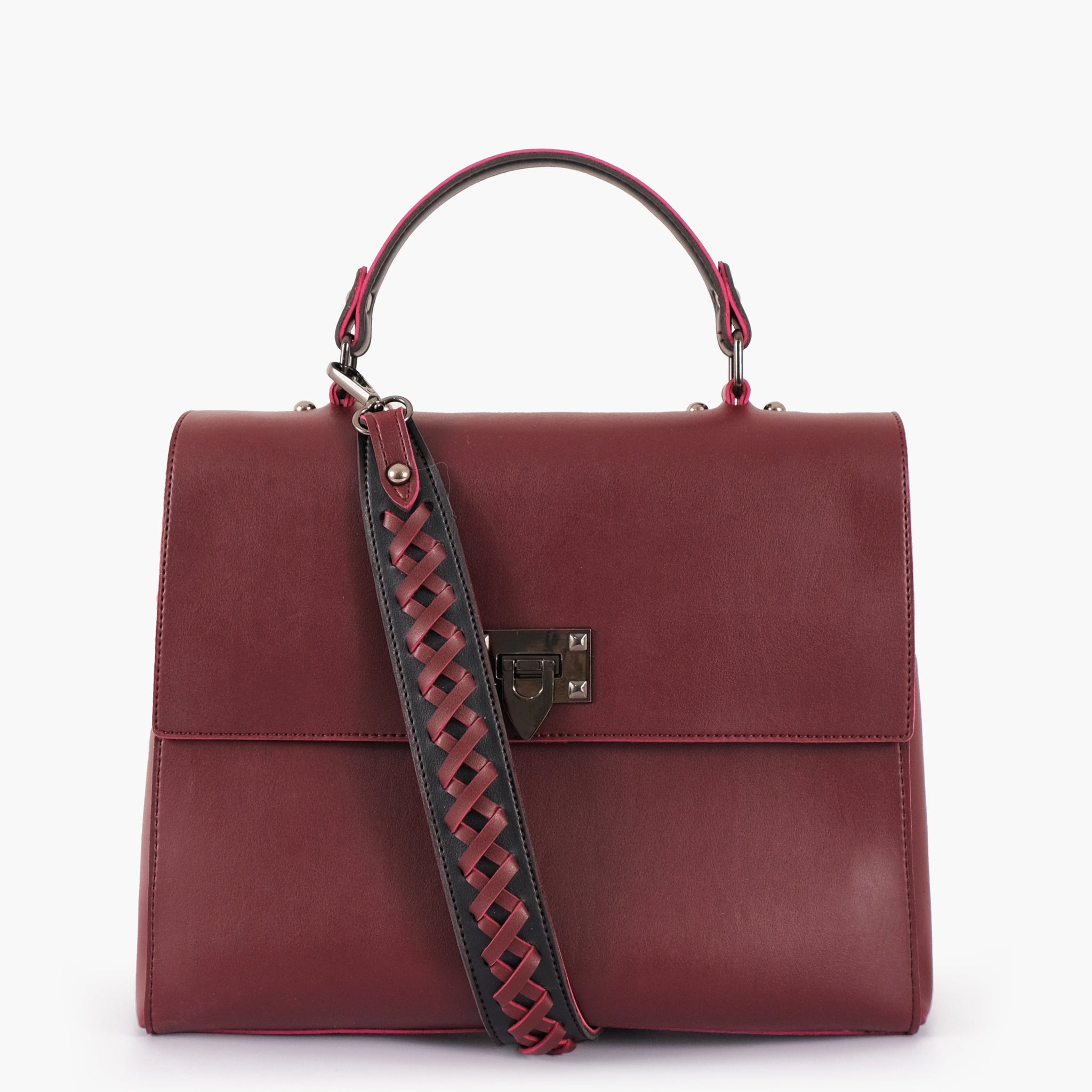 Burgundy flap-over top-handle bag