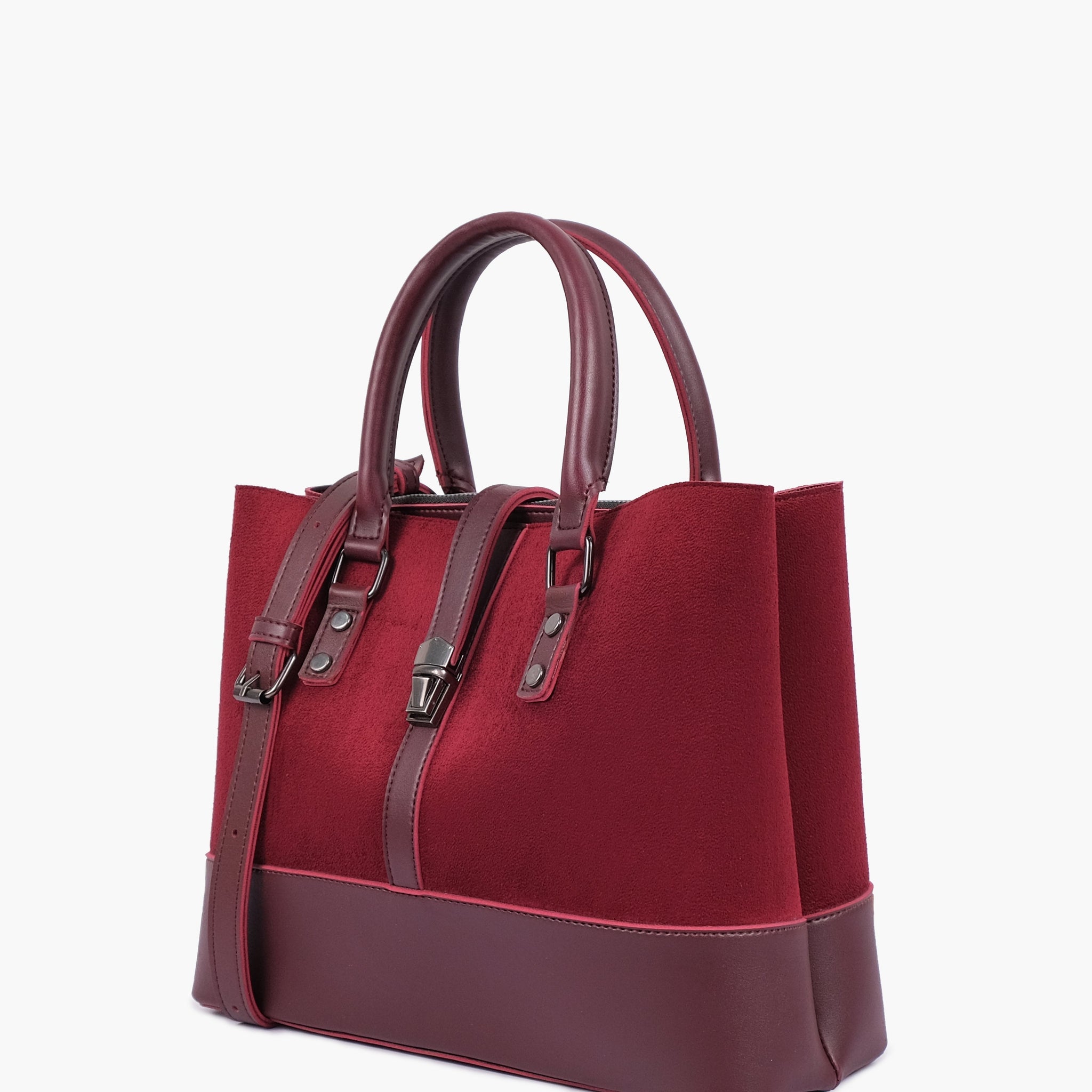 Burgundy suede multi-compartment shoulder bag