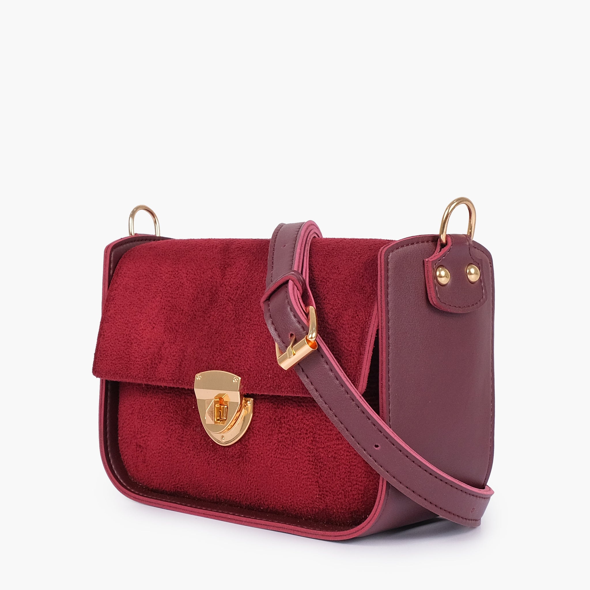 Burgundy suede saddle bag with twist lock