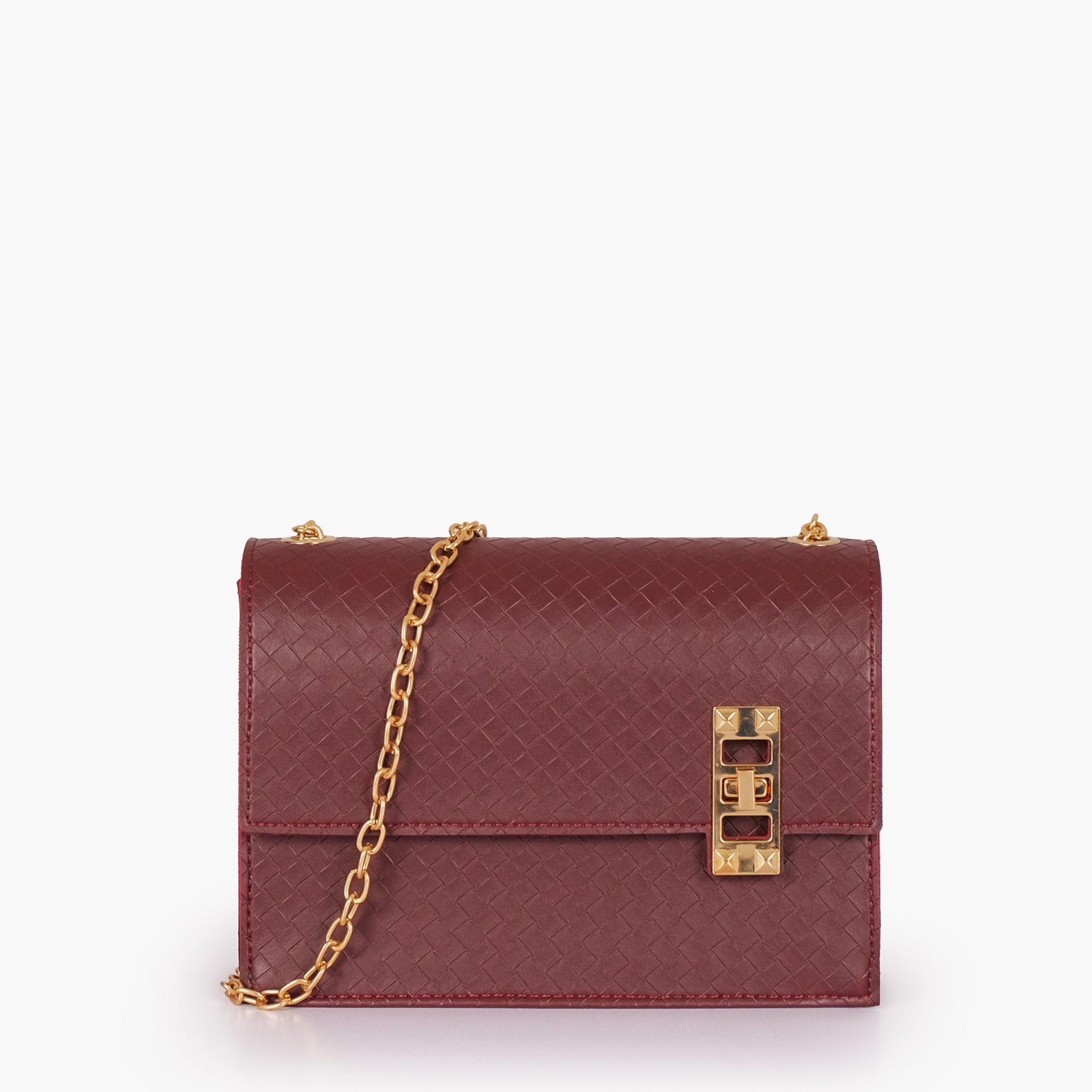 Burgundy weaved chain shoulder bag with twist lock