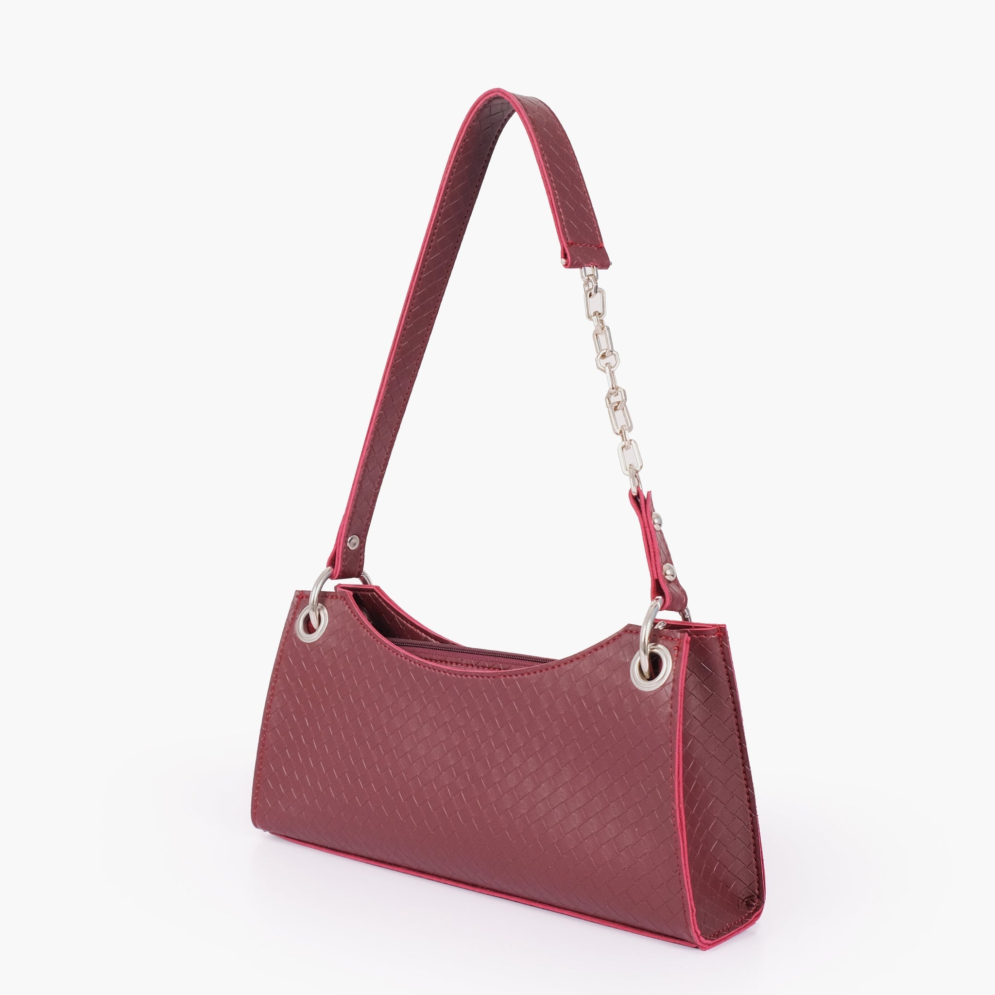 Burgundy weaved elongated chain handle purse