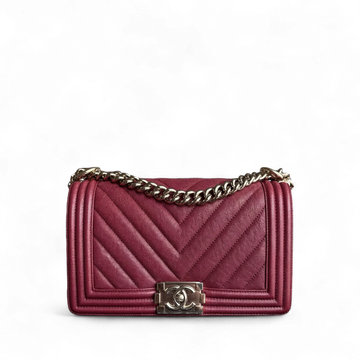 Chanel Boy Medium - Caviar 25CM Chevron Red Gold Hardware Series 28