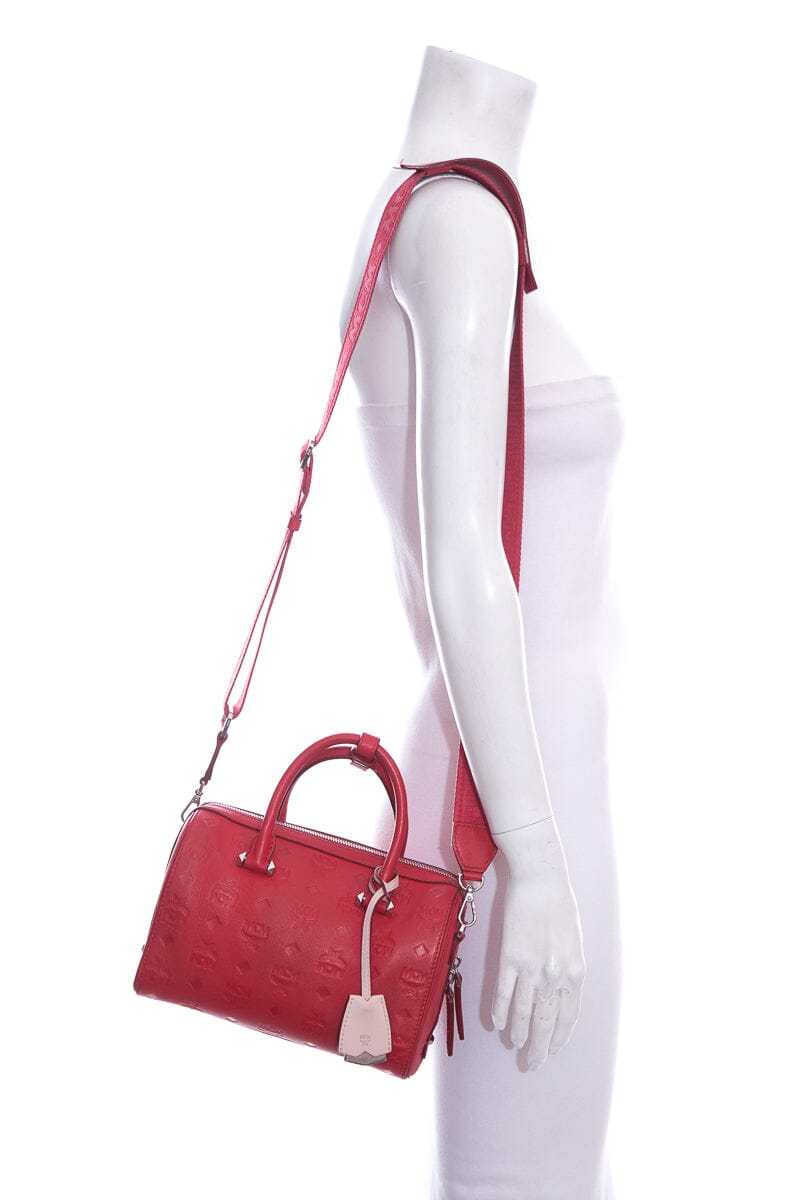 MCM Red Monogram Leather Boston Handbag