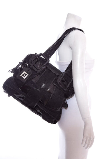 Fendi CROSSWORDS Black Woven Mesh Tote