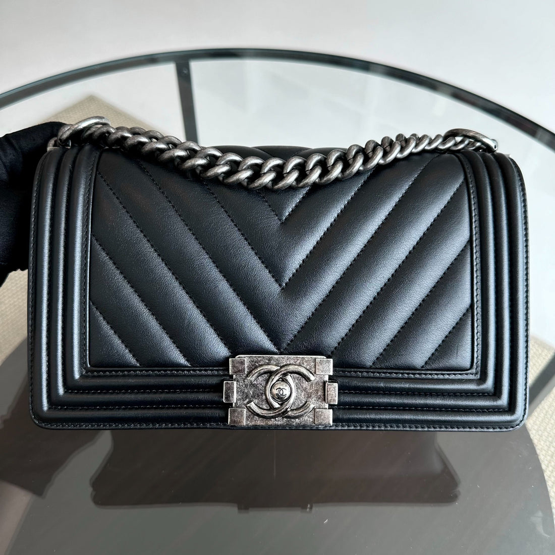 *Calfskin* Boy Old Medium 25CM Chevron Calfskin Leboy Black RSHW No 20