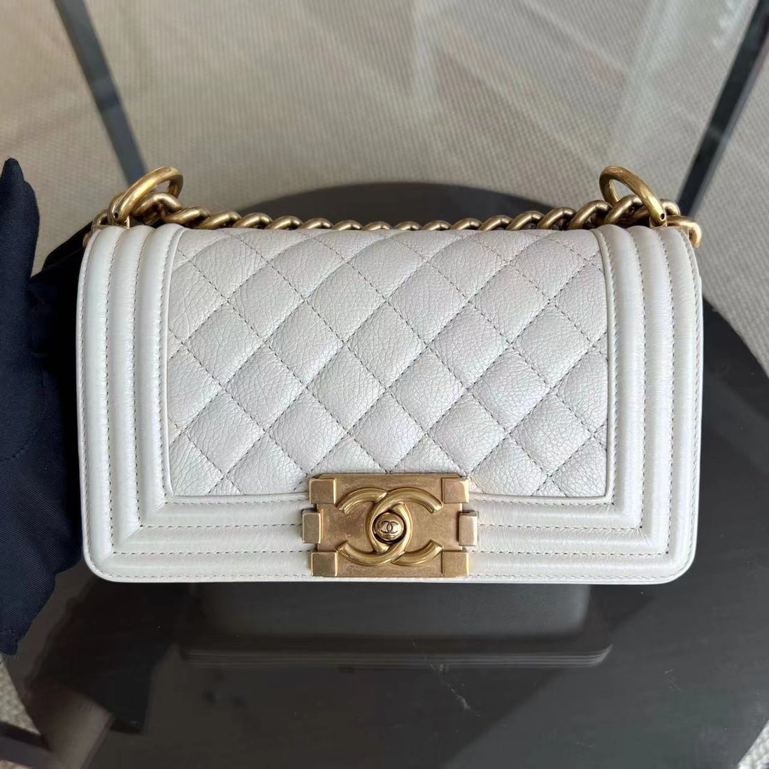 *Calfskin* Boy Small Quilted Grained Calfskin Cream White Leboy Golden Hardware Series 20