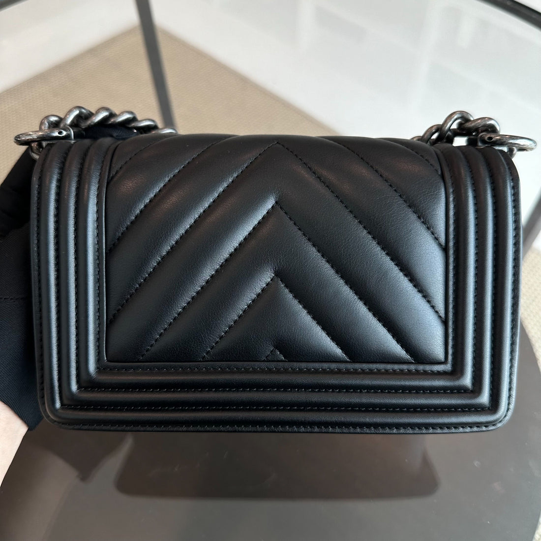 *Calfskin, Like New* Boy Small Chevron Calfskin Leboy Black RSHW No 22