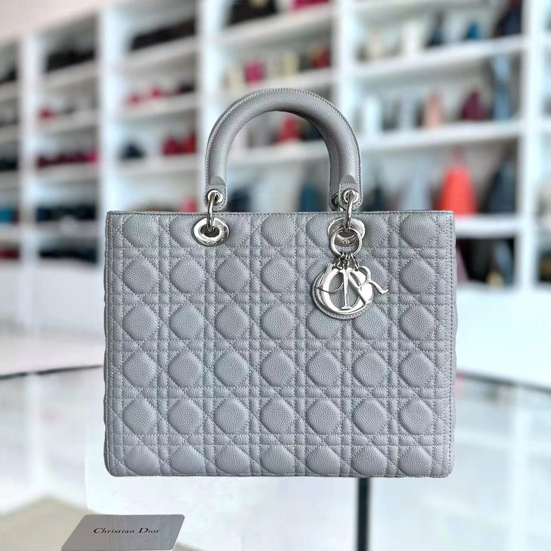 *Caviar* Dior Lady Large Cannage Caviar Grained Calfskin Grey Gray SHW NO STRAP