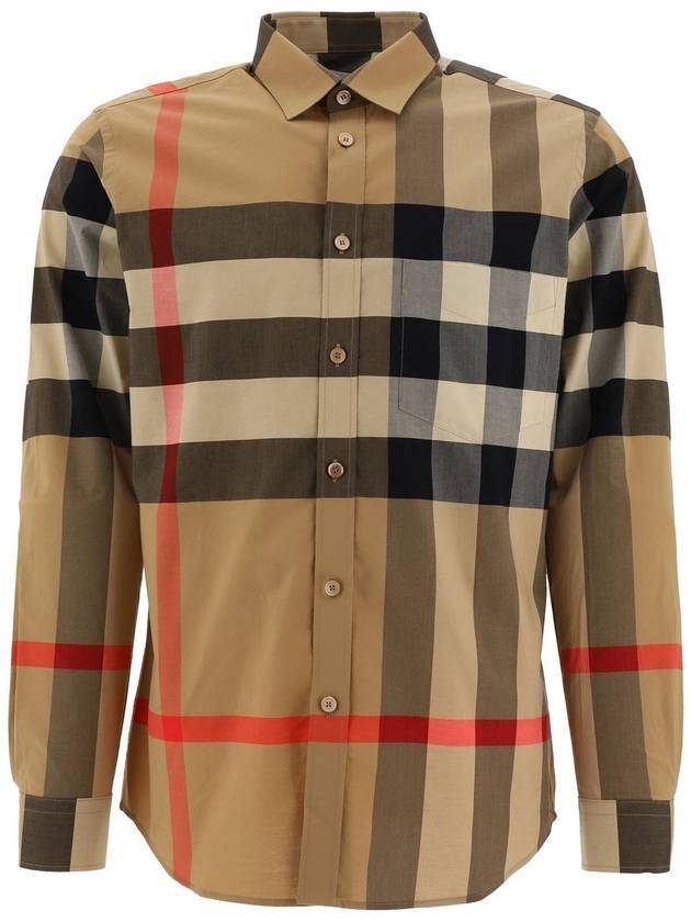 Burberry Check Stretch Cotton Poplin Long Sleeve Shirt Beige
