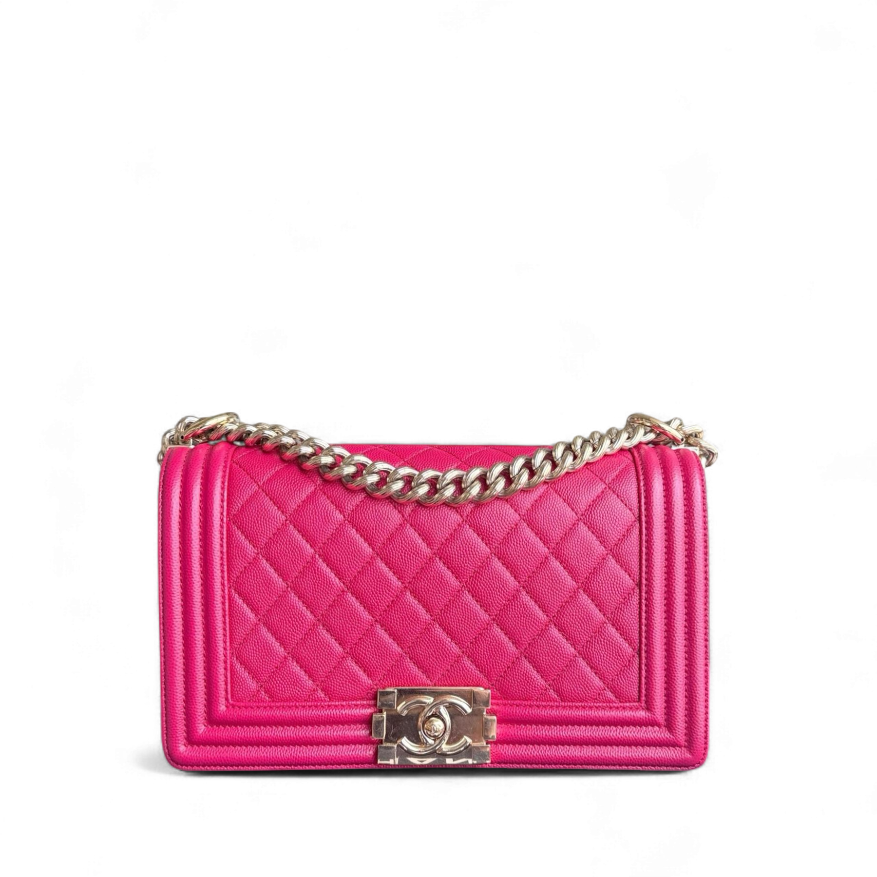 Chanel Boy Medium - Caviar 25CM Quilted Grained Calfskin Hot Pink Gold Hardware Series 23