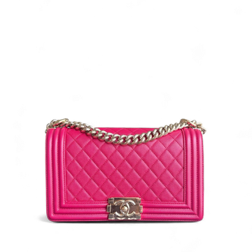 Chanel Boy Medium - Caviar 25CM Quilted Grained Calfskin Hot Pink Gold Hardware Series 23