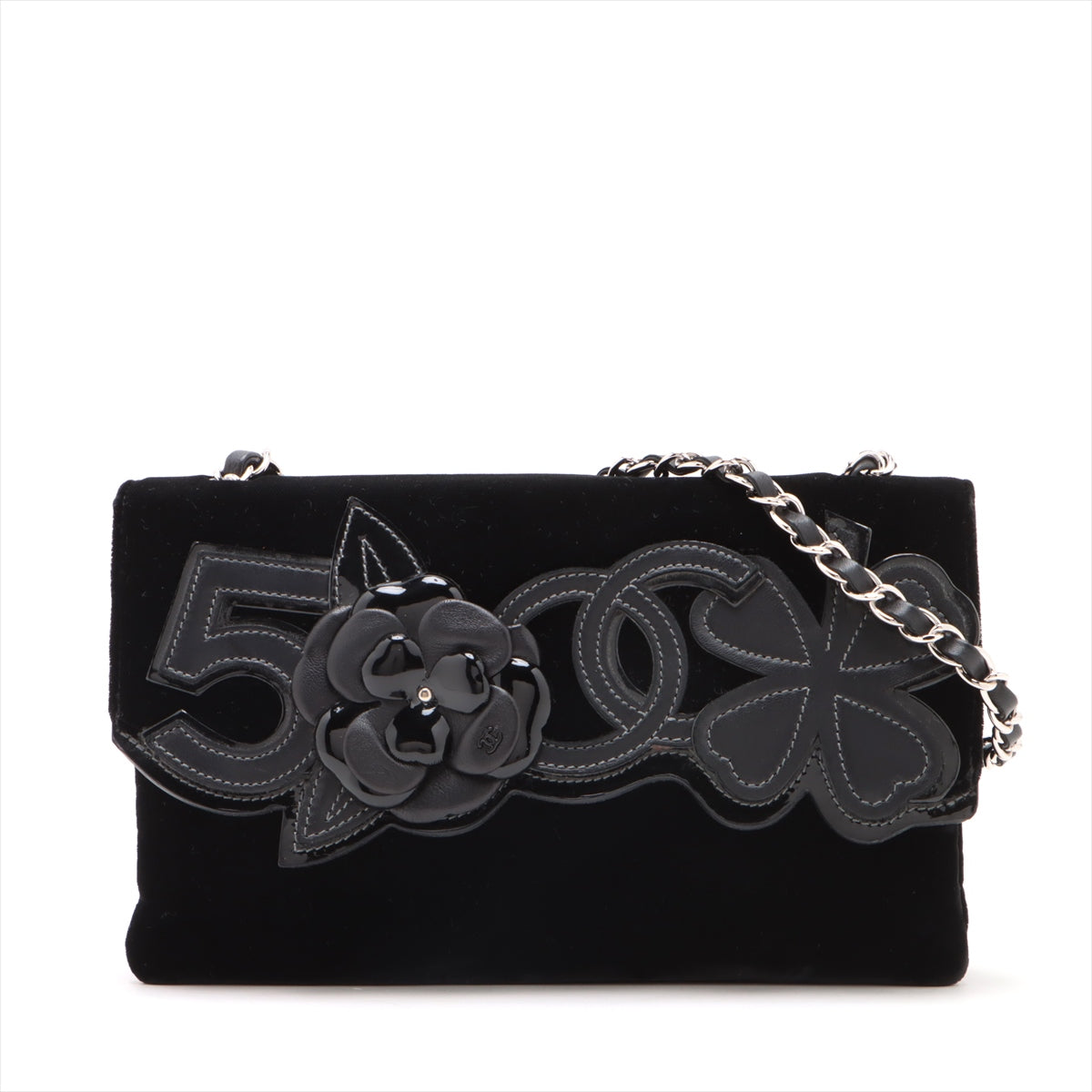 Chanel Camelia Belbet X Leather Chain Shoulder Bag Black Silver G