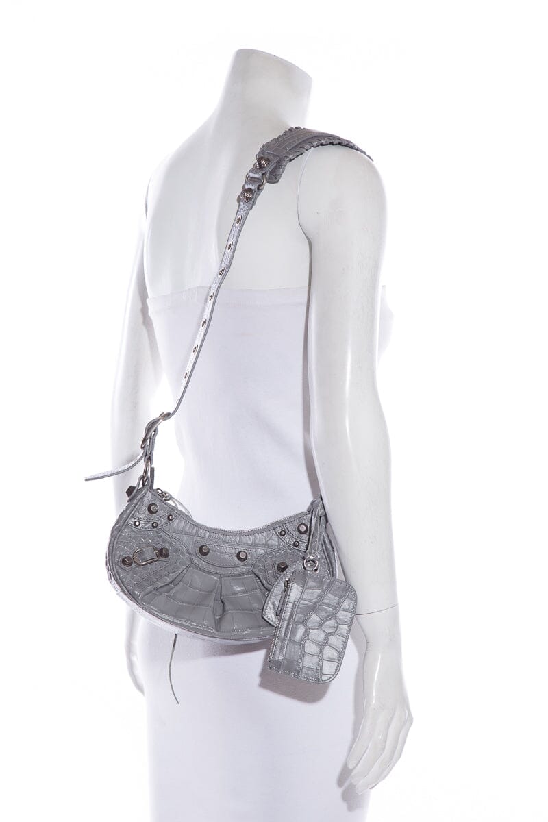 Balenciaga Grey Cagole Croc Embossed Shoulder Bag