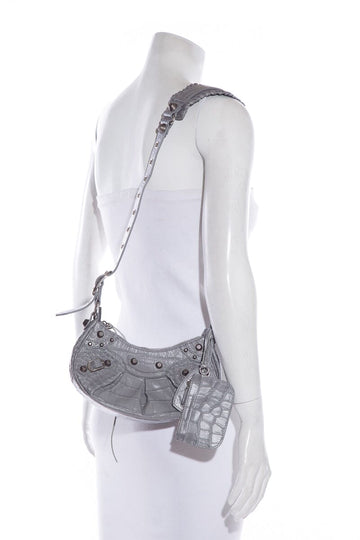 Balenciaga Grey Cagole Croc Embossed Shoulder Bag