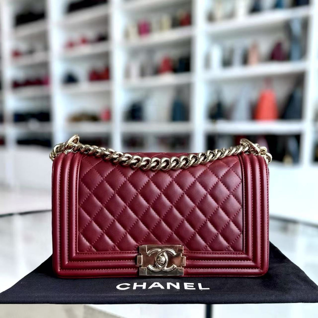 Chanel Boy Medium - 25CM Quilted Lambskin Burgundy Red Gold Hardware Series 22