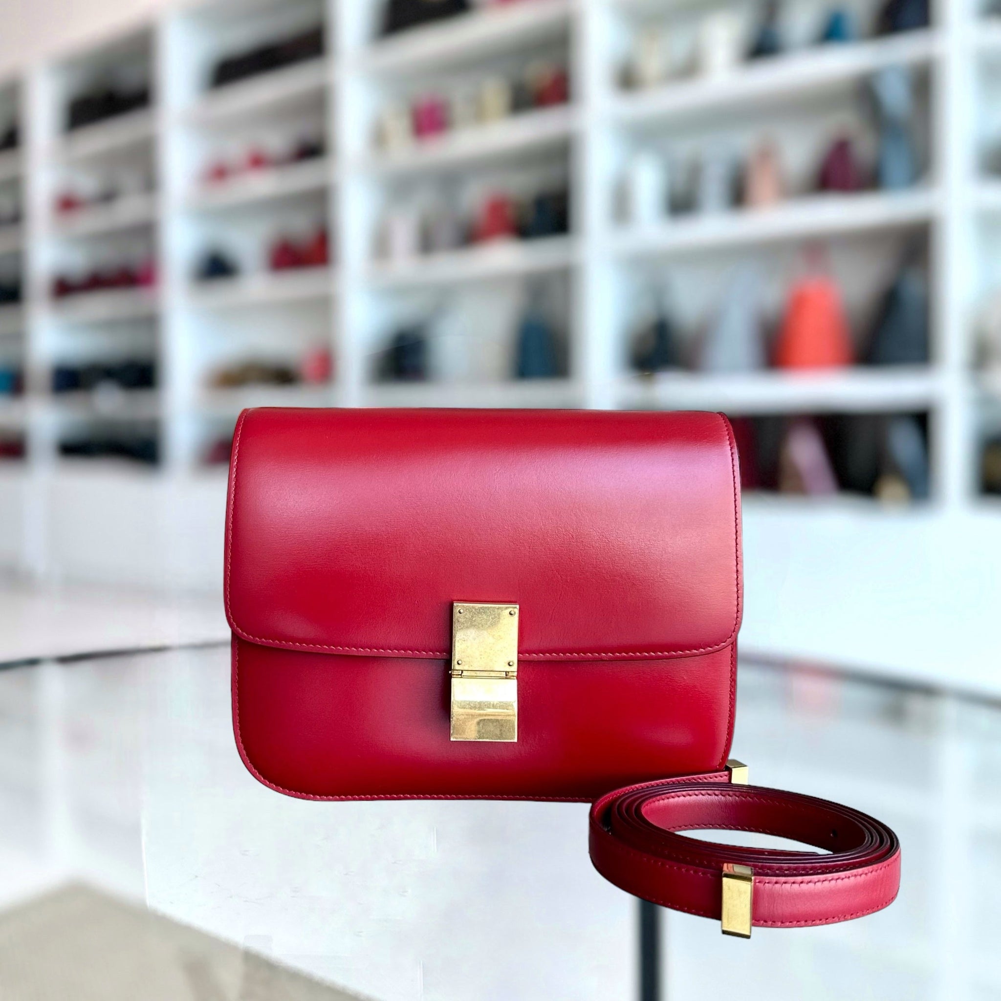Celine Box Classic Smooth Calfskin Red Golden Hardware