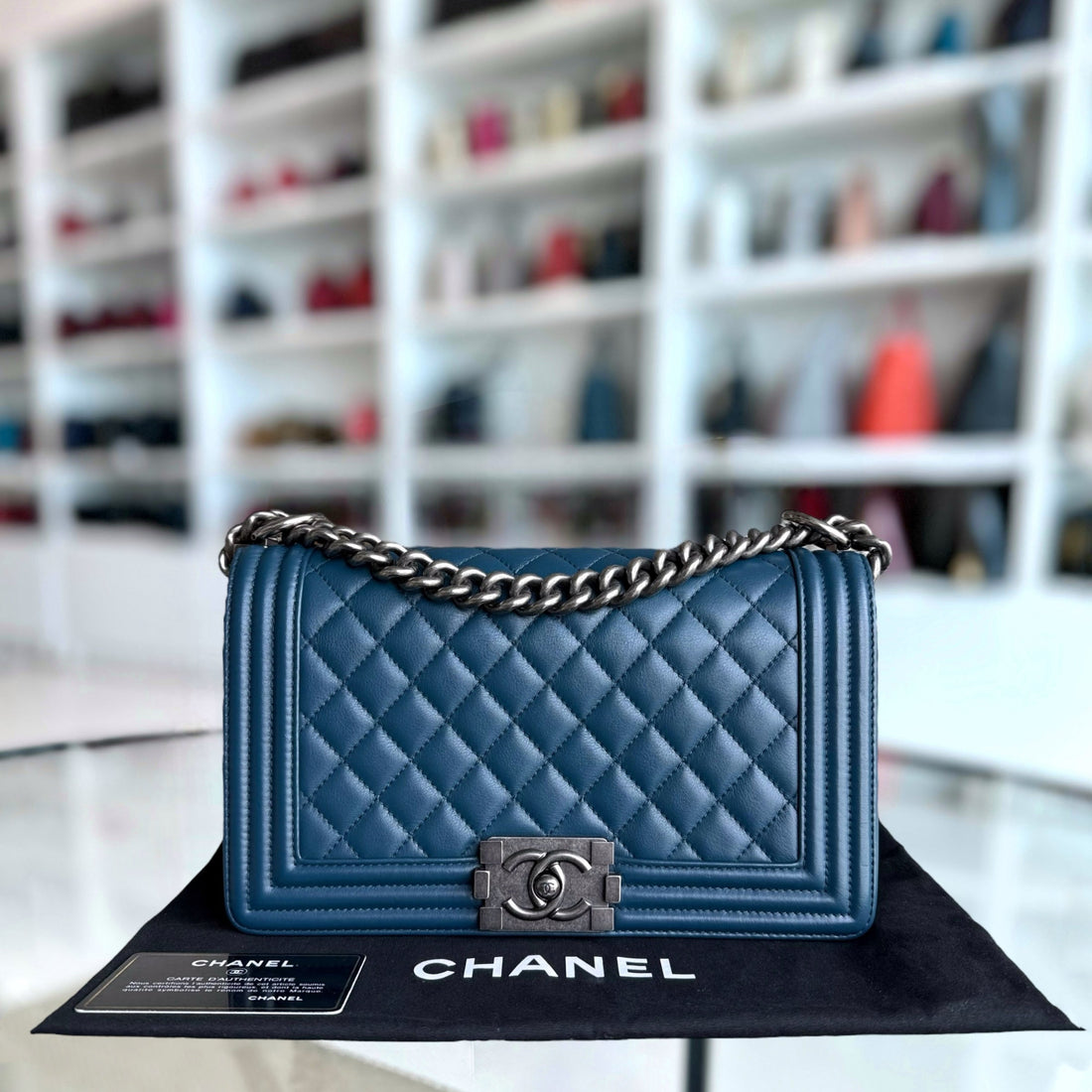 Chanel Boy Medium - Calfskin 25CM Quilted Blue Ruthenium Silver Hardware Series 26