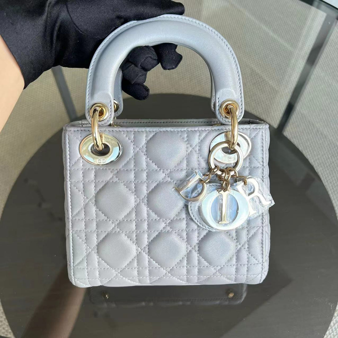 *Chain Strap* Lady Mini Cannage Lambskin Light Grey Gray Golden Hardware
