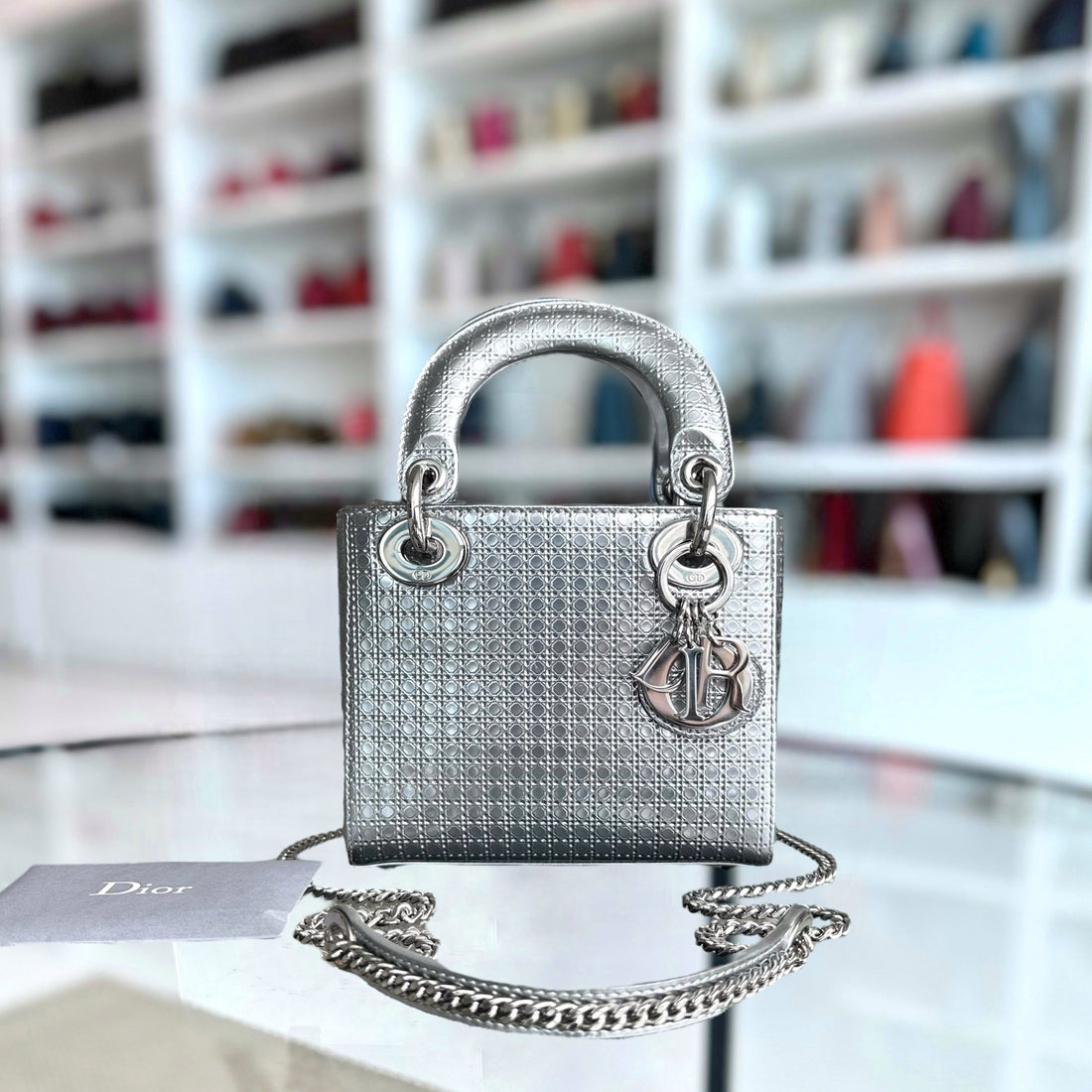 *Chain Strap* Dior Lady Mini - Metallic Micro-Cannage Silver Limited Edition SHW