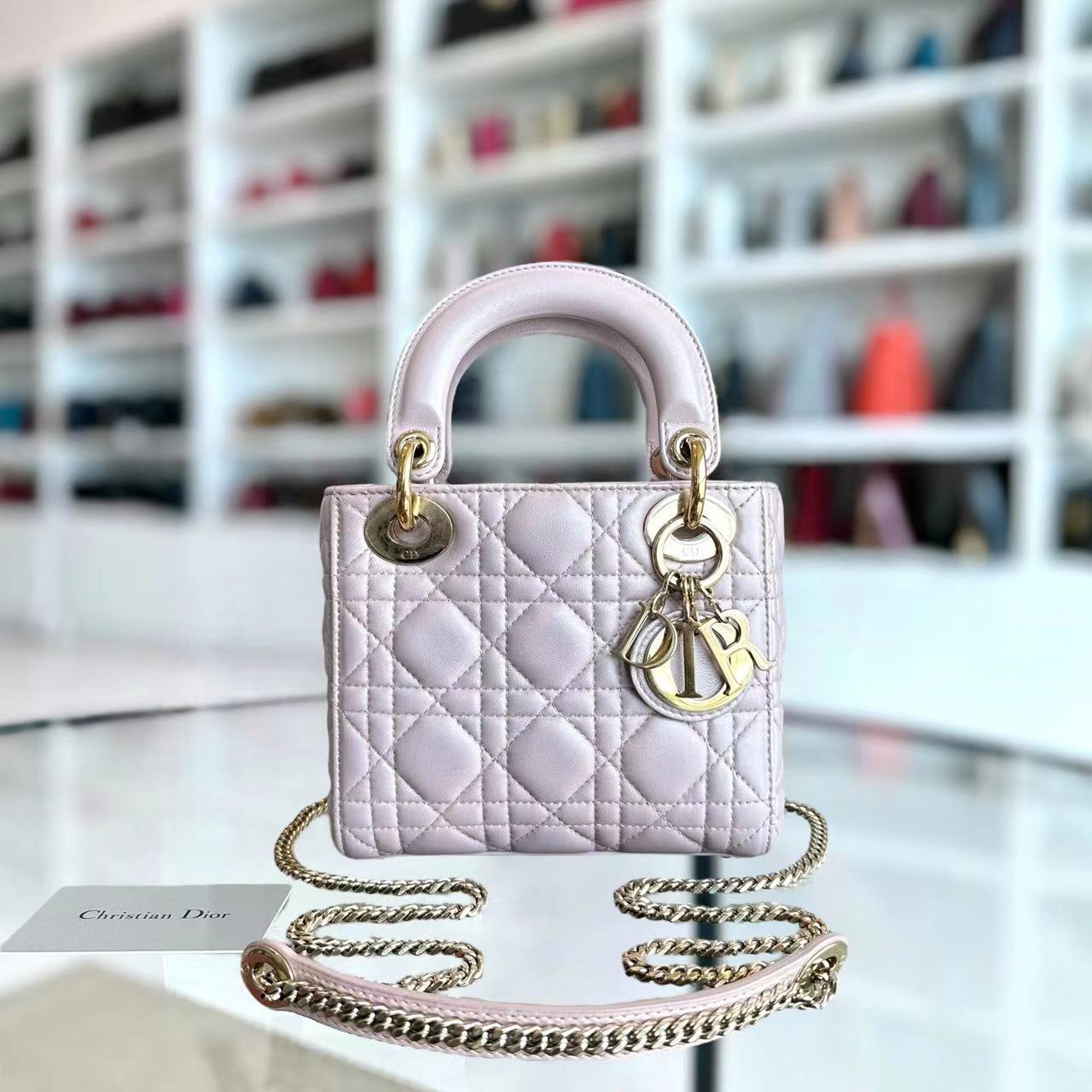 *Chain Version* Lady Mini Cannage Lambskin Iridescent Sakura Pink Golden Hardware