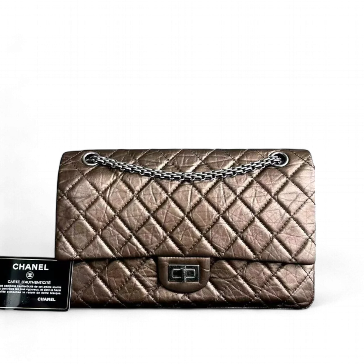 Chanel 2.55 226 Medium 28CM Quilted Calfskin Metallic Brown Bronze Silver Hardware Series 12